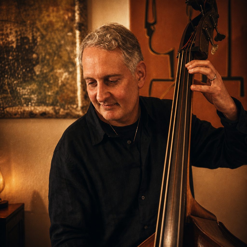 The double bass player at a Modi jazz evening