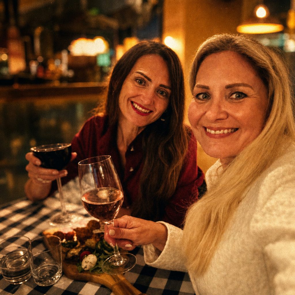 Two friends raising a glass at a Modi evening